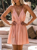 Robes Etés Courtes Femmes Sexy avec Bretelles à Col Décolleté en V Coupe Cintrée à Lacets Bas Evasée Unicolore Robes Sexy
