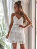 Robes Etés Courtes Femmes Sexy avec Bretelles à Col Décolleté en V Coupe Cintrée Bas Evasée avec Dos Nu à Lacets Croisés Unicolore