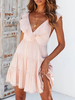 Robes Etés Courtes Femmes Sexy avec Bretelles Volantes à Col Décolleté en V avec Dos Nu à Lacets Croisé Coupe Cintrée Bas Evasée Unicolore Robes Etés Sexy