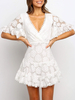 Robes Etés Courtes Femmes Sexy Imprimés à Col V avec Manches Courtes Volantes Coupe Cintrée Bas Evasée Unicolore Robes Sexy