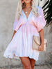Robes Etés Courtes Imprimés à Col V avec Manches Courtes Volantes Coupe Cintrée Elastique Bas Evasée Bicolores Robe Sexy