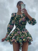 Robes Etés Courtes Imprimés Florales à Col Rond avec Manches Longues Amples Coupe Cintrée avec Bas Evasée Multicolores