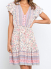 Robes Etés Courtes Imprimés Florales Femmes à Col V avec Manches Courtes Volantes Coupe Cintrée Bas Evaseé Multicolores Robes Sexy