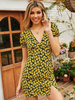Robes Etés Courtes Imprimés Florales Moulantes à Col V avec Manches Courtes Coupe Cintrée avec Fente Bicolores Robes Sexy