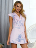 Robes Etés Courtes Imprimés les Fleurs à Col V avec Manches Courtes Volantes Coupe Cintrée à Lacets Bas Evasée