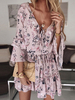 Robes Etés Courtes Imprimés robe fleurie Femmes à Col V à Lacets avec Manches Longues Volantes Coupe Cintrée Elastique Bas Evasée Multicolores Robes Etés Sexy