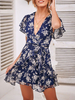 Robes Etés Courtes Imprimés robe fleurie Femmes en Mousselines à Col Décolleté en V avec Manches Courtes Volantes Coupe Cintrée à Lacets Bas Evasée
