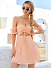 Robes Etés Courtes Sexy en Mousselines Broderies Femmes avec Manches Courtes avec Epaules Dénudées à Col Décolleté en V Ouvert Sur Devant à Lacets Unicolore
