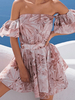 Robes Etés Femmes Courte avec Epaules Nues Imprimé avec Manches Courtes Volantes Coupe Cintrée Bicolores Bas Evasée