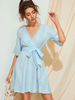 Robes Etés Femmes Courtes Creusantes à Col V avec Manches Courtes Amples Coupe Cintrée à Lacets Bas Evasée Unicolore Robe Eté Sexy