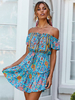 Robes Etés Femmes Courtes Imprimés Bohèmes Sexy avec Epaules Dénudées avec Manches Courtes Coupe Cintrée Elastique à Lacets Bas Evasée
