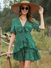 Robes Etés Femmes Courtes Imprimés Les Fleurs à Col V à Lacets avec Manches Courtes Coupe Cintrée Elastique Bas Evasée Bicolores