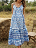 Robes Etés Femmes Courtes Imprimés Les Fleurs à Col V avec Bretelles à Lacets Coupe Cintrée Elastique Bas Evasée Bicolores