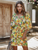 Robes Etés Femmes Courtes Imprimés les Fleurs à Col V avec Manches Mi-longues Coupe Cintrée à Lacets