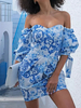 Robes Etés Femmes Courtes Imprimés les Fleurs avec Manches Courtes Amples à Lacets Coupe Cintrée avec Epaules Nues Bicolores