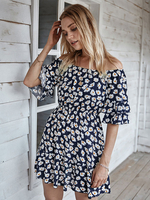 Robes Etés Femmes Courtes Imprimés Les Fleurs avec Manches Courtes Volantes avec Epaules Nues Coupe Cintrée Bicolores