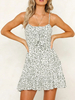 Robes Etés Femmes Courtes Imprimés robe fleurie à Col Décolleté en Carré à Lacets avec Noeud avec Bretelles Coupe Cintrée Bicolores Robes Sexy