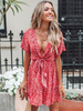 Robes Etés Femmes Courtes Imprimés robe fleurie à Col Décolleté en V avec Manches Courtes Coupe Cintrée à Lacets Bas Evasée Bicolores Robes Etés Sexy