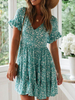 Robes Etés Femmes Courtes Imprimés robe fleurie à Col Décolleté V avec Manches Courtes Volantes Coupe Cintrée Bas Evasée Bicolores Robes Sexy