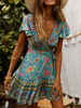 Robes Etés Femmes Courtes Imprimés robe fleurie Bohèmes à Col V avec Manches Courtes Volantes Coupe Cintrée Bas Evasée Multicolores Robes Etés Sexy