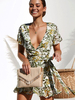 Robes Etés Femmes Courtes Imprimés Sexy Bohème à Col Décolleté en V avec Manches Courtes Volantes Coupe Cintrée Bas Evasée Multicolores
