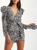 Robes Etés Femmes Courtes Imprimés Zébrés Bicolores à Col V avec Manches Longues Amples Coupe Cintrée à Lacets