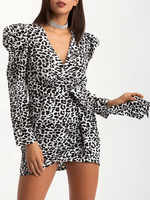 Robes Etés Femmes Courtes Imprimés Zébrés Bicolores à Col V avec Manches Longues Amples Coupe Cintrée à Lacets