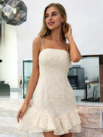 Robes Etés Femmes Courtes sans Manches à Col Carré Coupe Cintrée Bas Volants avec Dos Nus Unicolore Sexy