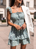 Robes Etés Femmes Imprimés à Col Carré à Lacets avec Manches Courtes Volantes Coupe Cintrée Elastique Bas Volants Bicolores