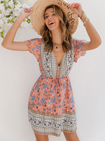 Robes Etés Femmes Imprimés Courtes Bohèmes à Col Décolleté en V avec Manches Courtes Coupe Cintrée Multicolores