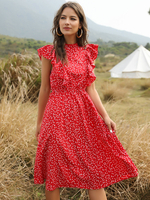 Robes Etés Femmes Imprimés les Fleurs à Col Rond avec Manches Courtes Volantes Coupe Cintrée Bas Evasée Bicolores
