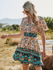 Robes Etés Femmes Imprimés les Fleurs avec Manches Courtes Volantes Coupe Cintrée à Col V Bas Evasée Multicolores