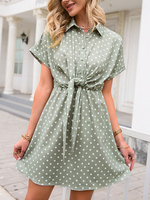 Robes Etés Femmes Imprimés les Pois avec Manches Courtes à Col Revers Coupe Cintrée à Lacets