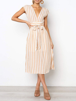 Robes Etés Femmes Imprimés Rayures Longues à Col V avec Manches Courtes Volantes Coupe Cintrée à Lacets avec Noeud Cousu Bicolores