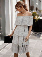 Robes Etés Femmes Mi-longues Imprimés les Fleurs avec Manches Courtes Volantes avec Epaules Nues Coupe Cintrée Bas Evasée Bicolores
