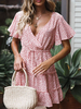 Robes Etés Imprimés Courtes Femmes à Col Décolleté en V avec Manche Courtes Volantes Coupe Cintrée à Lacets Bas Evasée Bicolores