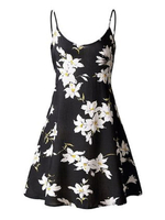 Robes Etés Imprimés Florales Courtes Sexy Femmes avec Bretelles à Col Décolleté en U Coupe Cintrée Bas Evasée Bicolores Robes Eté Sexy