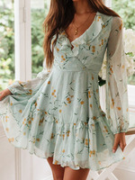 Robes Etés Imprimés robe fleurie en Mousselines Courtes Transparentes à Col Rond avec Volants avec Manches Longues Amples Coupe Cintrée Bas Evasée Cousu Multicolores