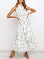 Robes Etés Longues Imprimés Pois Longues Femmes à Col Rond Coupe Cintrée à Lacets avec Epaules Dénudées Cousu Bicolores Robes Etés