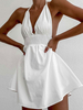 Robes Etés Sexy Courtes Femmes avec Bretelles à Col Décolleté en V Coupe Cintrée Elastique avec Dos Nu Bas Evasée Unicolore