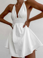 Robes Etés Sexy Courtes Femmes avec Bretelles à Col Décolleté en V Coupe Cintrée Elastique avec Dos Nu Bas Evasée Unicolore