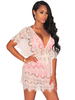Robes Etés Sexy Transparentes en Dentelles Femmes Courtes à Col Décolleté en V avec Manches Courtes Volantes Coupe Cintrée avec Dos Nu Unicolore