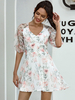 Robes Etéss Femmes Courtes Imprimés Les Fleurs à Col V avec Manches Mi-Longues Coupe Cintrée Bas Evasée Bicolores