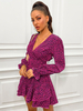Robes Femmes Courte avec Manches Longues Amples à Col V Imprimé Les Pois Léopard Coupe Cintrée Bas Evasée