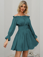 Robes Femmes Courte avec Manches Longues Volants Epaules Nues Coupe Cintrée Bas Evasée Unicolore