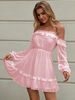 Robes Femmes Courte en Dentelles avec Manches Longues Epaules Nues Coupe Cintrée Bas Evasée avec Volants Unicolore