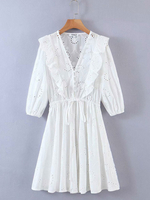 Robes Femmes Courtes Eté en Dentelles à Col V avec Manches Mi-Longues Amples Coupe Cintrée à Lacets Creusant Bas Evasée