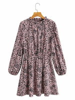 Robes Femmes Courtes Imprimé les Fleurs à Col Rond avec Manches Longues Amples Coupe Cintrée Bas Evasée