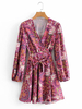 Robes Femmes Courtes Imprimé les Fleurs à Col V avec Manches Longues Amples Coupe Cintrée à Lacets Bas Evasée