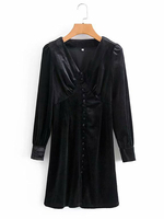 Robes Femmes en Velours Courte à Col V avec Manches Longues Fermeture avec Boutons Coupe Cintrée Unicolore